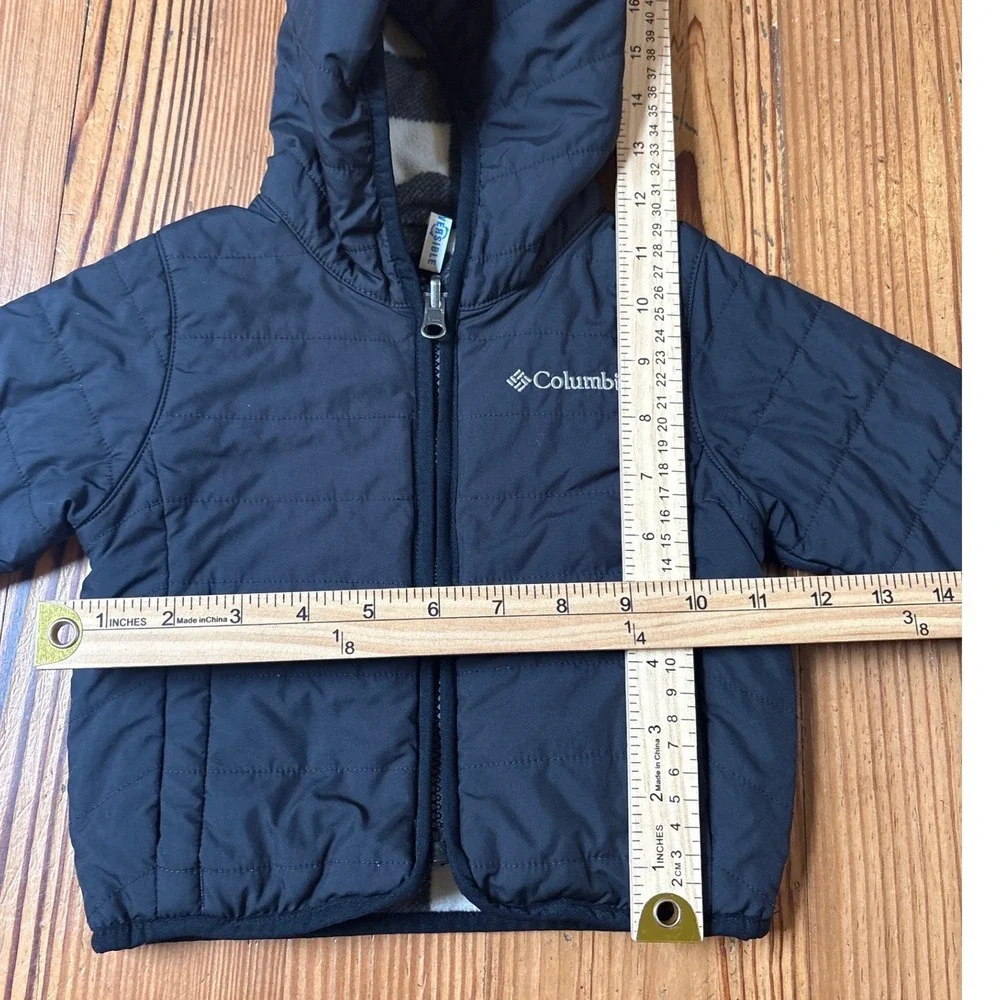 Columbia Puffer Jacket Kids Black Reversible Plaid Hooded Full Zip SIZE 6-12m
